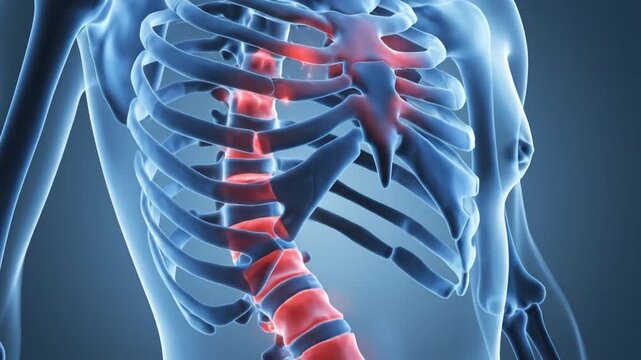 3D visualization of scoliosis spine curvature with red pain glow