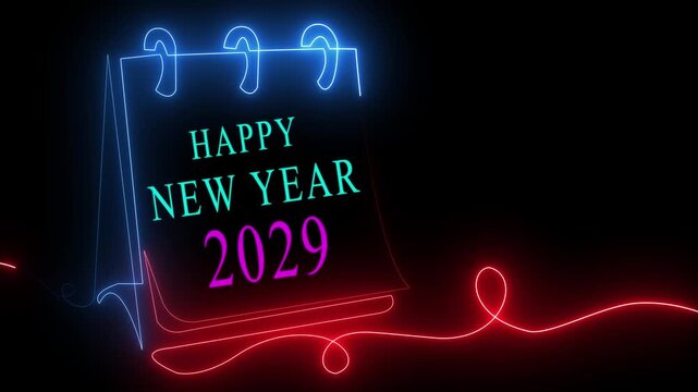 Happy New Year 2029 glowing neon desk calendar graphic. Creative digital line art illustration for future event countdown on dark background.