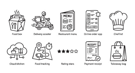 Fototapeta premium Collection of outline icons representing various aspects of modern food delivery services