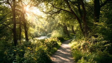 Fototapeta premium Sunlight Streams Through Lush Green Forest Path.