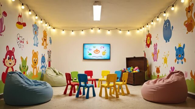An empty room transforms into a colorful children's play area. It features playful decor, small chairs, and bean bags.