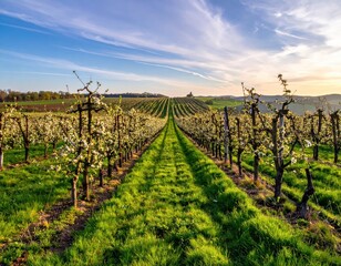 Serene Vineyard Landscape with Blossoming Trees and Blue Sky