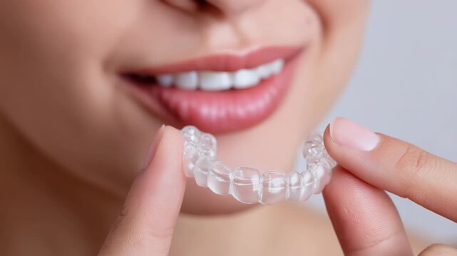 Smiling woman demonstrates invisalign aligners for perfect teeth alignment