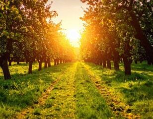 Stunning Sunset Over Serene Orchard Pathway with Blossoming Trees