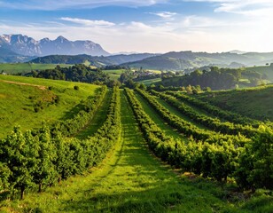 Naklejka premium Scenic Vineyard Landscape with Mountains and Blue Sky at Sunrise