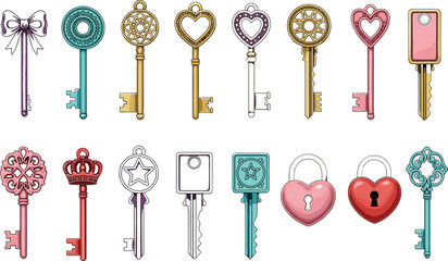 Vintage decorative keys vector set with heart crown star padlock shapes and colorful ornate styles isolated on white background for fantasy and love designs © MdRazaul