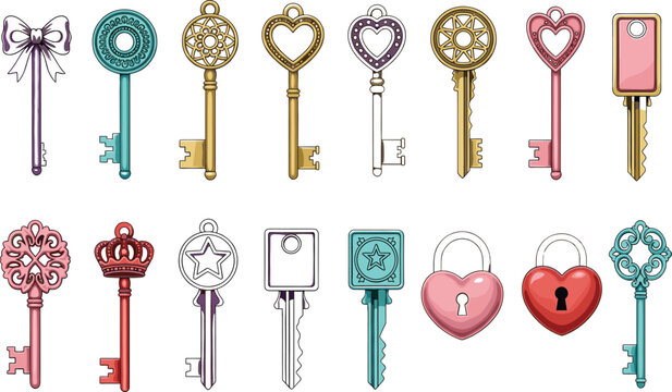 Vintage decorative keys vector set with heart crown star padlock shapes and colorful ornate styles isolated on white background for fantasy and love designs