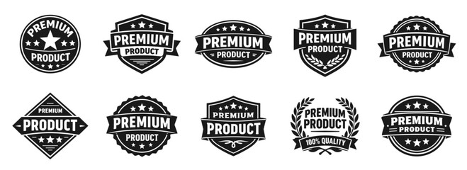 Premium product badge collection in black. Set of luxury labels with stars shields and quality focus