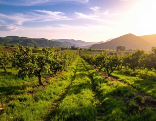 Scenic Vineyard Landscape at Sunset with Lush Green Grapevines