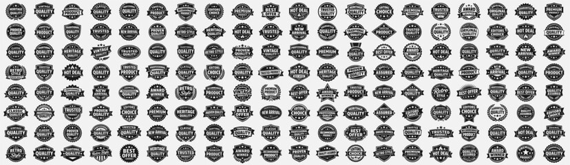 Quality and marketing badge collection in black. Large set of premium, vintage, trusted, guaranteed, award and product quality labels in classic badge style