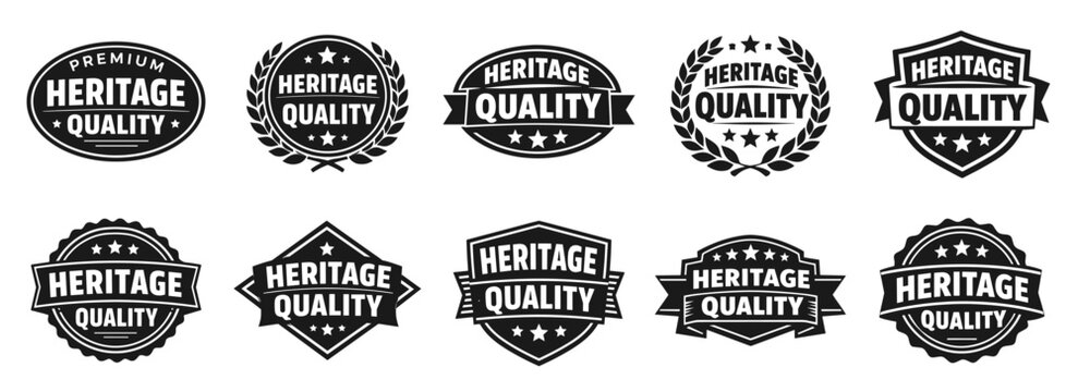 Heritage quality badge collection in black. Set of vintage labels with stars laurels and legacy style