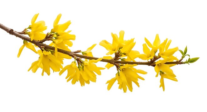 Vibrant yellow forsythia flowers on a branch isolated on white background