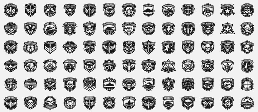 Military forces badge collection in black. Large set of special forces, navy, airborne, armored, sniper, police and tactical unit emblems