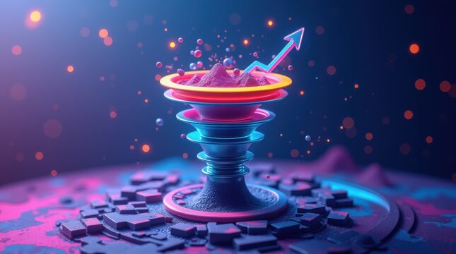 Vivid 3D sales funnel showcases stages of lead conversion and digital marketing analytics. Abstract background highlights data driven decision making and business growth visualization