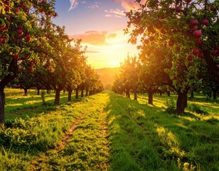Sunset Over Apple Orchard with Rows of Fruit Trees and Green Grass