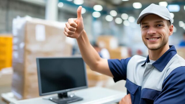 Warehouse worker giving thumbs up and smiling in logistics center with focus on computer monitor