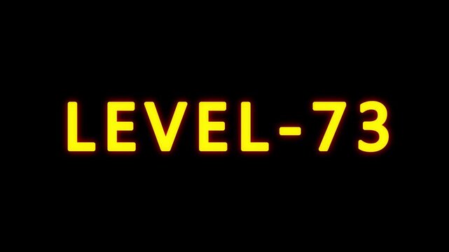 LEVEL 73 text animation on black background. typography ideal for gaming progress, level 73 text bounce animation with glow effect.