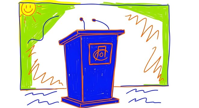 A brightly colored cartoon style illustration of a blue podium with microphones under a happy sun