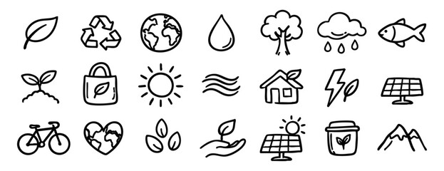 Set of hand-drawn ecology and sustainability icons in doodle style. Features symbols for recycling, green energy, nature, and eco-friendly living. © liubomir118809