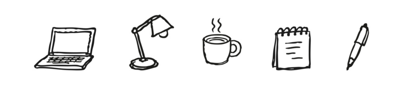 Hand-drawn doodle set of office essentials including a laptop, lamp, coffee mug, notepad, and pen on a white background.