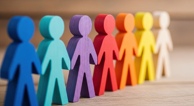 Diverse colorful wooden human figures aligned on a rustic wooden surface, symbolizing community, teamwork, unity, inclusion, and social diversity