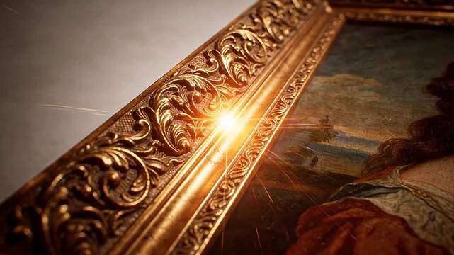 Close up of ornate golden frame with detailed carving and painting visible