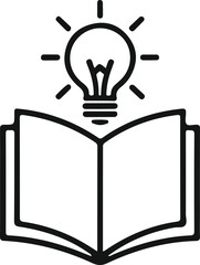 Open Book with Light Bulb Idea Icon, Black and white outline icon of an open book with a glowing light bulb above it, symbolizing ideas, creativity, learning, and innovation in education.

