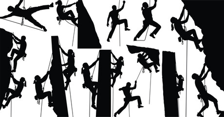 Rock Climbing Silhouette Set Vector Collection of Climbers on Cliff and Wall Isolated on White Background for Adventure Sports Design