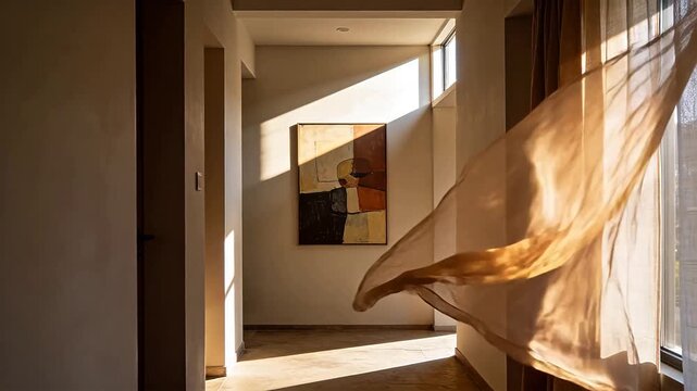Sunlit corridor with window curtain and abstract painting