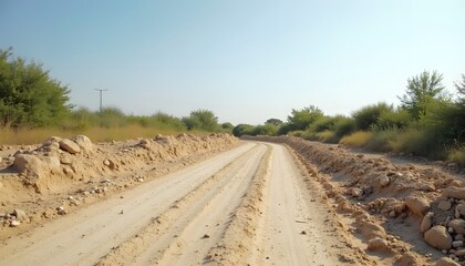 Fototapeta premium Dirt road stretching through rocky rural landscape under clear blue sky