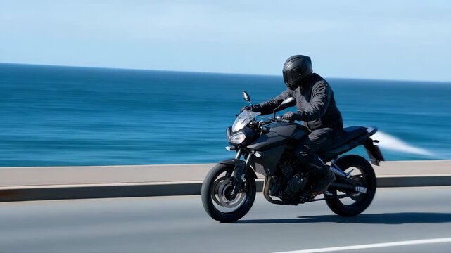 Solo motorcyclist riding along scenic seaside highway on a clear day