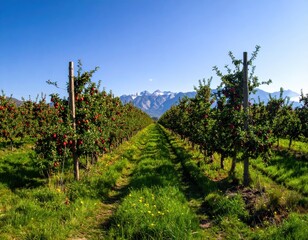 Scenic Apple Orchard with Lush Greenery and Majestic Mountains