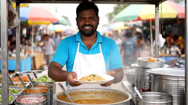 Smiling Indian street vendor holding plate of food in market - vibrant colors, day, positive expression, cooking, selling, traditional, food cart.