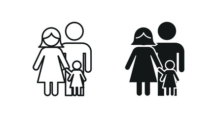 A minimalistic depiction showcases two family icons one outlined and one solid black featuring a mother father and child