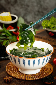 Fresh Wakame Seaweed in Korean Soup Bowl with Chopsticks