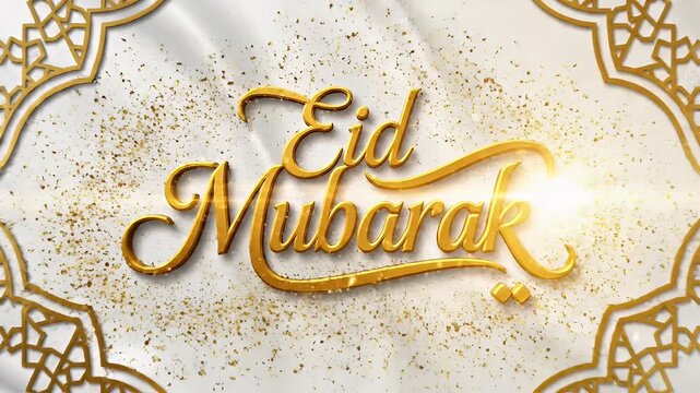 Golden Eid calligraphy with glitter and Islamic patterns on white fabric
