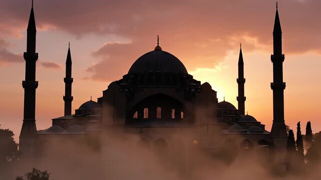 Cinematic Shot of a grand mosque silhouette emerging from ethereal mist at dramatic sunset, showcasing Islamic architecture and spiritual beauty, perfect for travel and cultural content.
