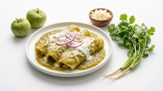 Enchiladas Verdes plated with green salsa crema queso and cilantro garnish
