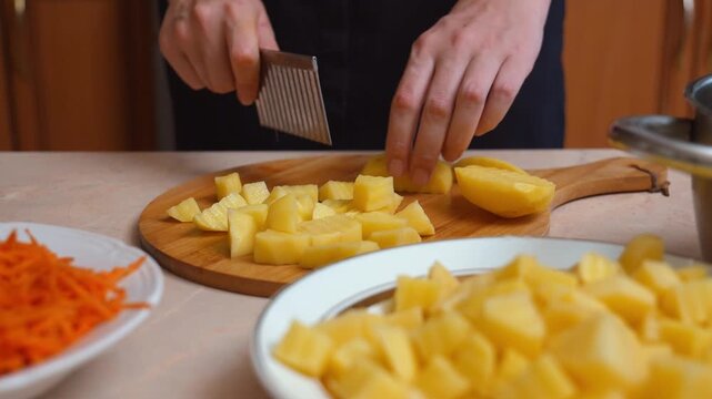 Professional cook carefully cutting boiled potatoes into small cubes with a crinkle cutter on a wooden board. This preparation is a step in making a traditional vegetable salad for a meal