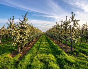 Blossom Orchard Pathway Amid Fertile Green Fields in Springtime
