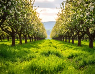 Obraz premium Serene Blooming Orchard Path Surrounded by Vibrant Green Grass