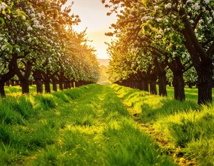 Obraz premium Serene Orchard Pathway with Blooming Trees and Sunlight at Dusk