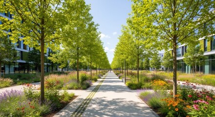 Fototapeta premium Long park path with green trees and colorful flowers in a city park. Urban green space concept for outdoor relaxation and well-being.