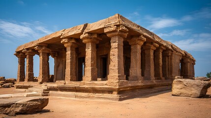 Fototapeta premium Ancient Stone Temple With Ornate Pillars Under Blue Sky.
