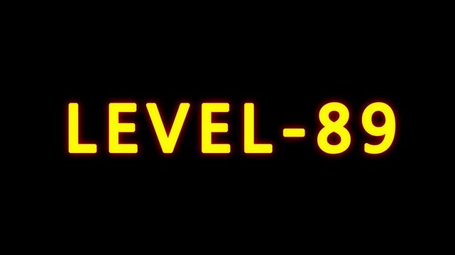 LEVEL 89 text animation on black background. typography ideal for gaming progress, level 89 text bounce animation with glow effect.