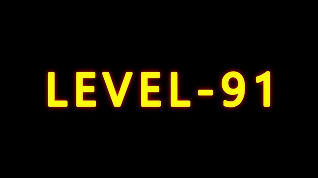 LEVEL 91 text animation on black background. typography ideal for gaming progress, level 91 text bounce animation with glow effect.