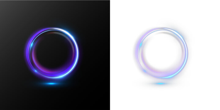 Neon circular light ring with purple and blue glow. Futuristic energy halo with smooth motion blur, perfect for sci-fi interfaces, HUD elements, portals and universal background overlays.