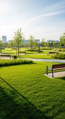 Green grass lawn and walking paths in a modern city park with benches on a sunny day. Urban nature landscape for relaxation.