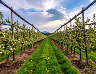 Lush Orchard Rows with Blossoming Trees Under Cloudy Sky