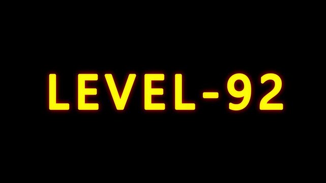 LEVEL 92 text animation on black background. typography ideal for gaming progress, level 92 text bounce animation with glow effect.